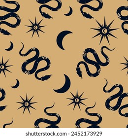 Vector magical seamless pattern with snake with sun, moon and stars signs. Mystical esoteric background for design of fabric, textiles, packaging, astrology, wrapping paper.