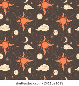 Vector magical seamless pattern with sun and different phases of the moon, stars