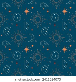 Vector magical seamless pattern with sun and different phases of the moon, stars