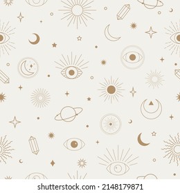 Vector magical seamless repeat pattern with constellations, sun, moon, magic eyes and stars. Mystical esoteric background, astrology wallpaper.