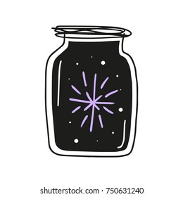 Vector magical star in a glass jar, cute art, night, shine, postcard, poster, illustration, children's picture, gift.