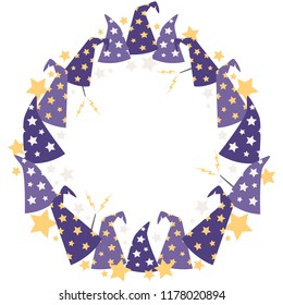 Vector Magical Starry Wizard Hats Circle Wreath. Perfect for scrapbooking, kids, stationery, Halloween, and home decor projects.