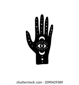 Vector magical witch hand. Hand drawn trendy boho vector poster with evil eye, moon. Black esoteric illustration on the white background. Mystical symbol. Spiritual occultism concept.