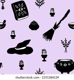 Vector magical witchcraft seamless pattern.Hand drawn mystic background with doodle witch house elements:broomstick,hat,spellbook,herb,candle.Doodle.