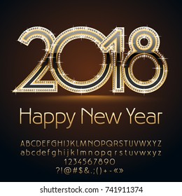 Vector magical,Happy New Year 2018 Greeting Card. Silver Alphabet with sparkling stars set of Letters, Symbols and Numbers. 