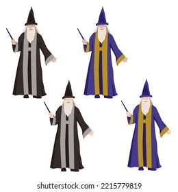 Vector magician with a beard in a black cloak and high hat magician with a magic wand on a white background