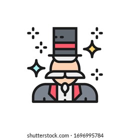 Vector magician, illusionist flat color line icon.