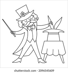 Vector magician line icon. Circus artist outline clipart. Amusement holiday black and white man showing trick with rabbit. Cute funny festival juggler coloring page. Street show wizard illustration