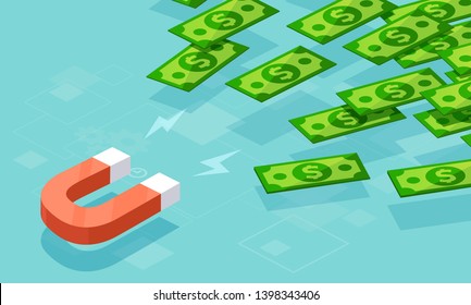 Vector of a magnet attracting money dollar banknotes. New investment opportunities concept 