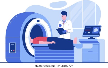 Vector de imágenes de resonancia magnética con médico y paciente en examen médico. Ilustración plana del vector