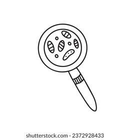 Vector magnifier with bacteria, microbes in doodle style isolated on white background. Linear magnifier.