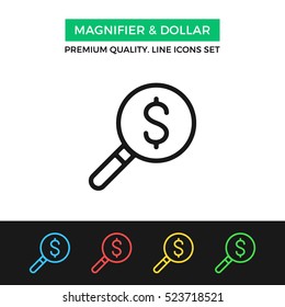 Vector magnifier and dollar icon. Audit, analysis concepts. Premium quality graphic design. Modern signs, outline symbols, simple thin line icons set for websites, web design, mobile app, infographics