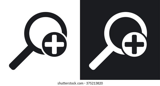 Vector magnifier icon with plus sign. Two-tone version on black and white background