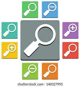 Vector magnifier icons - 'almost flat' style - 9 colors