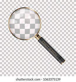 Vector Magnifier on a Transparent Background. Magnifying Glass Icon. Loupe as Exact Search Symbol. Golden Magnifying Glass Isolated. Search, Research, Detective or Investigation Concept.