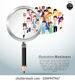 Vector Magnifier Pencil  -  flat illustration of business. a large group of men and women in the form of Speech bubbles.(business community or politicians)