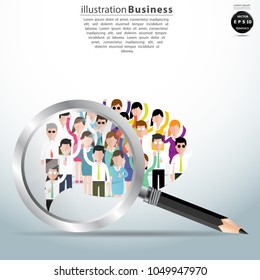 Vector Magnifier Pencil  -  flat illustration of business. a large group of men and women in the form of Speech bubbles.(business community or politicians)