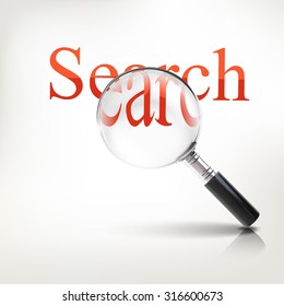 Vector magnifier with search typography. Science and technology concept illustration.