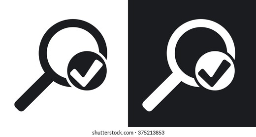 Vector magnifier sign with check mark icon. Two-tone version on black and white background