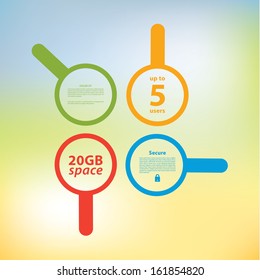 Vector magnifiers. Four choices with space for your content. Fresh and simple template. Creative website element for presentation or website. 