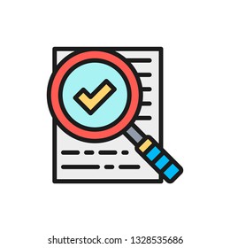 Vector magnify glass with contract, approved loan, document with check mark, checklist, consent, qualified flat color line icon.