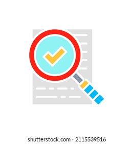 Vector magnificar vidrio con contrato, préstamo aprobado, documento con marca de verificación icono de línea blanca.