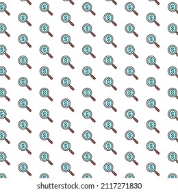 Vector magnify glass with dollar, money search, find currency pattern with various icons.