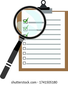 Vector Magnifyer buscador de vidrio buscando el portapapeles de la lista de verificación con el concepto de ilustración de la casilla verde.