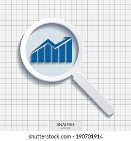 Vector magnifying glass with analysis icon.