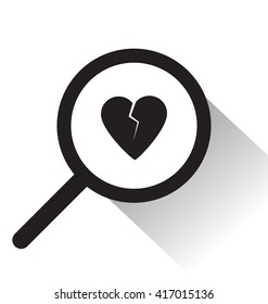 vector magnifying glass with broken heart icon on white background