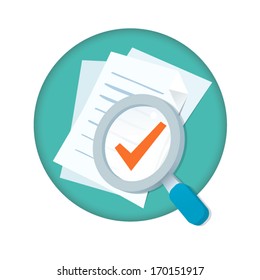 Vector magnifying glass with documents and check mark