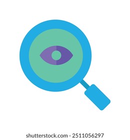 Vector magnifying glass with an eye in the middle in a colorful flat style. Exploration and research symbol. The icon is suitable for web design, online shop, print, and social media posts.