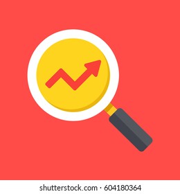 Vector magnifying glass with growth arrow icon. Flat icon. Flat design vector illustration