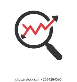 Vektor der Lupe mit Wachstums- und Falldiagrammen. Symbol für die Analyse von Unternehmensfinanzdaten, Investitionen, Risiken. Anzeichen für volatiles Geld