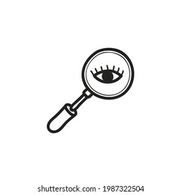 Icono de la lupa vectorial en estilo doodle con icono de contorno ocular. Ilustración del símbolo de búsqueda.