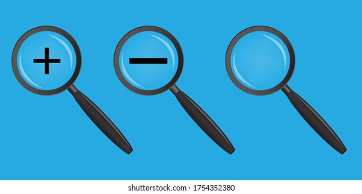 Vector magnifying glass icon. A set of loops with zoom plus and minus. Sign of increase and decrease. Stock Photo.