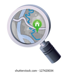 Vector magnifying glass with map concept - search