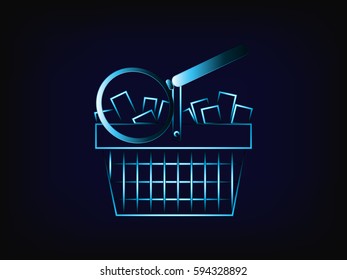 vector of magnifying glass on client's shopping cart full of products, with mesh background, concept of market research