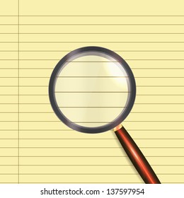 Vector magnifying glass over yellow notepad