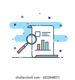 Vektorvergrößerungsglas und Papierdokument mit Diagramm. Infografische Vektorgrafik. Geeignet für Webdesign, Banner, Werbung und andere.
