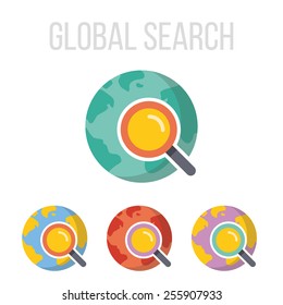 Vector magnifying glass and planet Earth icons set. Isolated on white background.