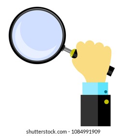 Vector Magnifying Glass with Reflection and Hand Isolated on White Background. Magnify Icon in Flat Style Design. Magnifier or Loure Sign. Search Searching Looking For Research Information.
