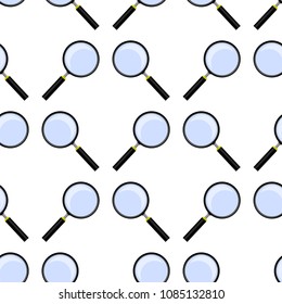 Vector Magnifying Glass with Reflection Seamless Pattern on White Background. Magnify Icon in Flat Style Design. Magnifier or Loure Sign. Search Searching Looking For Research Information.
