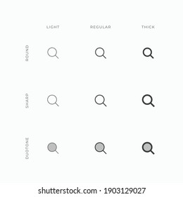 Vector magnifying glass search and find icon in varying stroke weight such as light, regular, and thick, as well as different styles such as round, sharp, and duotone