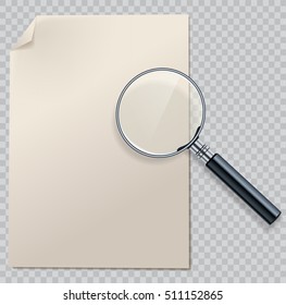 Vector magnifying glass with transparent glass surface on paper page