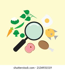 Un vector de lupa de vidrio, verduras y alimentos proteicos. Encontrar alimentos nutritivos.