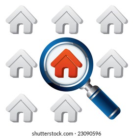 Vector Magnifying Lens And Group Of Color Houses