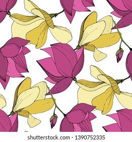 Vector Magnolia floral botanical flowers. Wild spring leaf wildflower isolated. Purple and yellow engraved ink art. Seamless background pattern. Fabric wallpaper print texture.