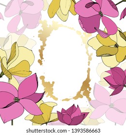 Vector Magnolia floral botanical flowers. Wild spring leaf wildflower isolated. Purple and yellow engraved ink art. Frame border ornament square on white background.