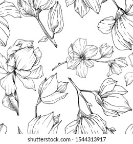 Vector Magnolia floral botanical flowers. Wild spring leaf wildflower isolated. Black and white engraved ink art. Seamless background pattern. Fabric wallpaper print texture.